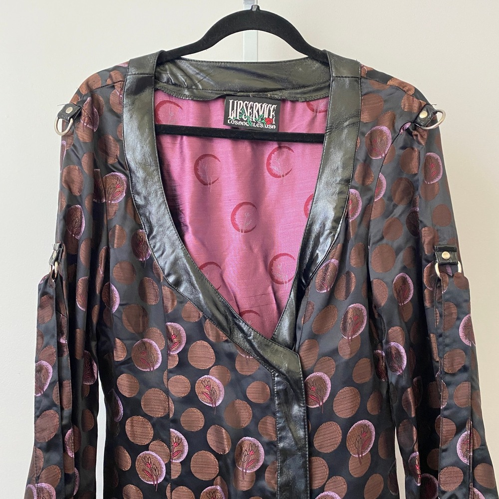 VTG Lip Service 90s Moody Witchy Goth Polka Dot Faux Leather Trim Top L - Picture 2 of 7
